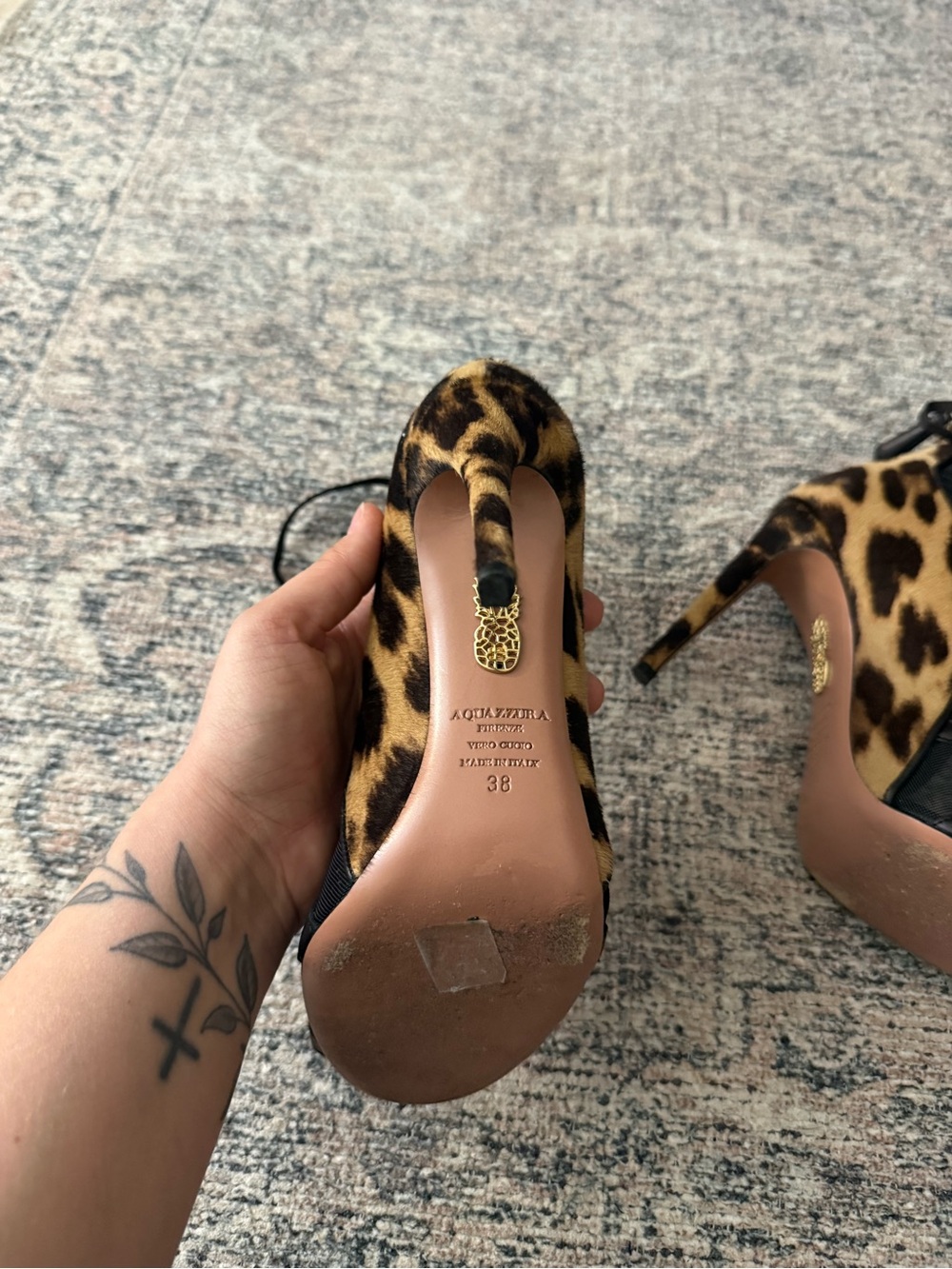 Aquazzura Leopard Print and Black Lace-Up Stiletto Sandals - Picture 7 of 12